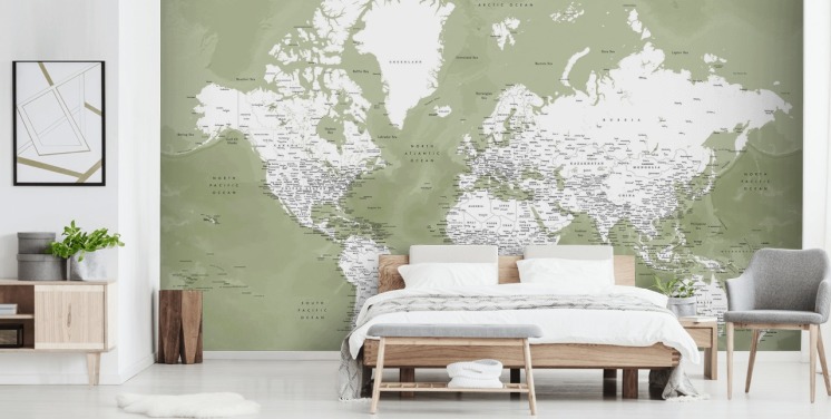 sage green and white watercolour world map wall mural