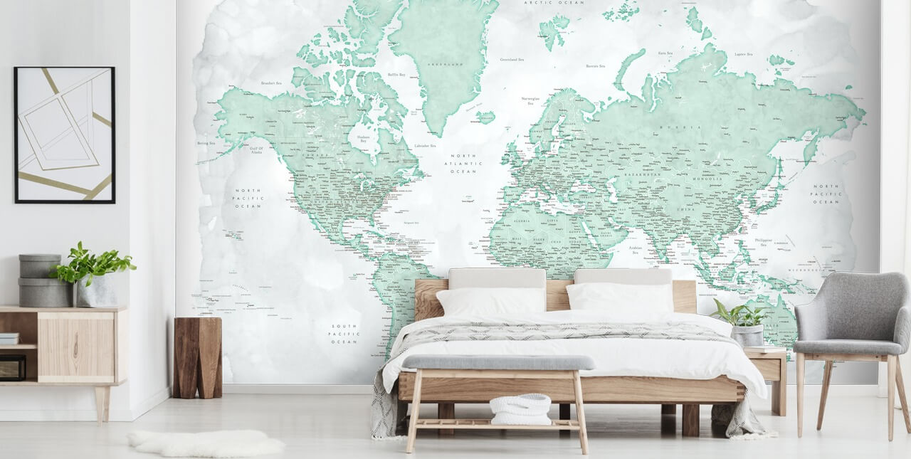 pale grey and mint green world map wallpaper