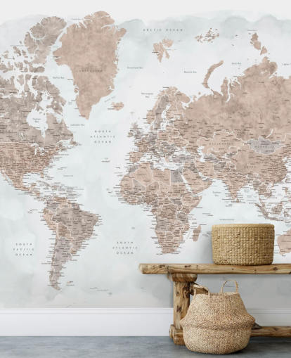 papel pintado de mapa del mundo de acuarela marrón bronce y gris pálido papel pintado de mapa del mundo de acuarela marrón bronce y gris pálido