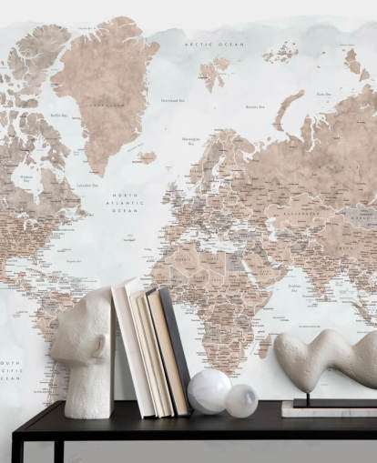 bronzy bruine en lichtgrijze aquarel wereldkaart behang bronzy bruine en lichtgrijze aquarel wereldkaart behang
