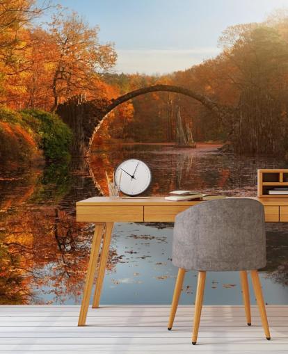 orange woodland with stone bridge reflection wall mural called Autumn Lake by 1x Photography for kitchens, bathrooms and bedrooms orange woodland with stone bridge reflection wall mural called Autumn Lake by 1x Photography for kitchens, bathrooms and bedrooms