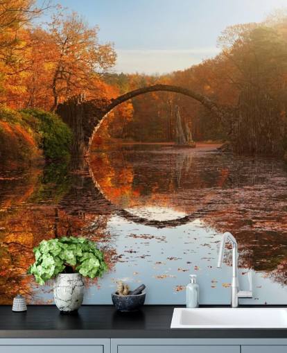 orange woodland with stone bridge reflection wall mural called Autumn Lake by 1x Photography for kitchens, bathrooms and bedrooms orange woodland with stone bridge reflection wall mural called Autumn Lake by 1x Photography for kitchens, bathrooms and bedrooms