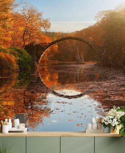 orange woodland with stone bridge reflection wall mural called Autumn Lake by 1x Photography for kitchens, bathrooms and bedrooms orange woodland with stone bridge reflection wall mural called Autumn Lake by 1x Photography for kitchens, bathrooms and bedrooms
