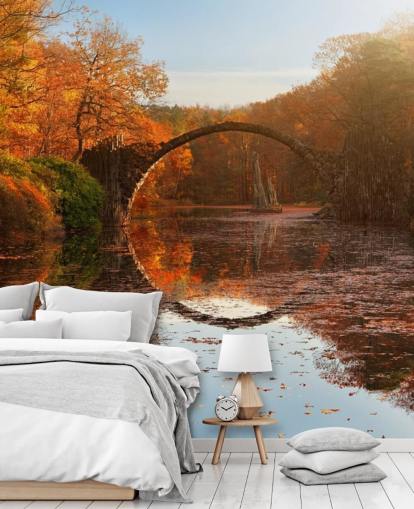 orange woodland with stone bridge reflection wall mural called Autumn Lake by 1x Photography for kitchens, bathrooms and bedrooms orange woodland with stone bridge reflection wall mural called Autumn Lake by 1x Photography for kitchens, bathrooms and bedrooms