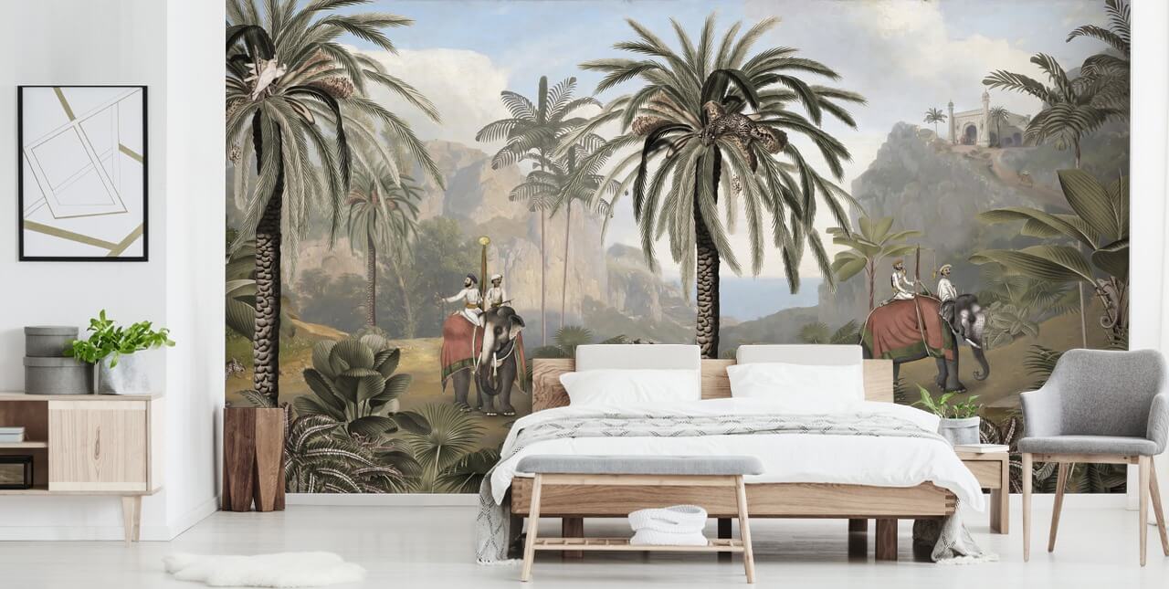 carta da parati murale illustrata vintage con giungla chiamata Elephant Elegance di Sir Edward per camere da letto e salotti carta da parati murale illustrata vintage con giungla chiamata Elephant Elegance di Sir Edward per camere da letto e salotti