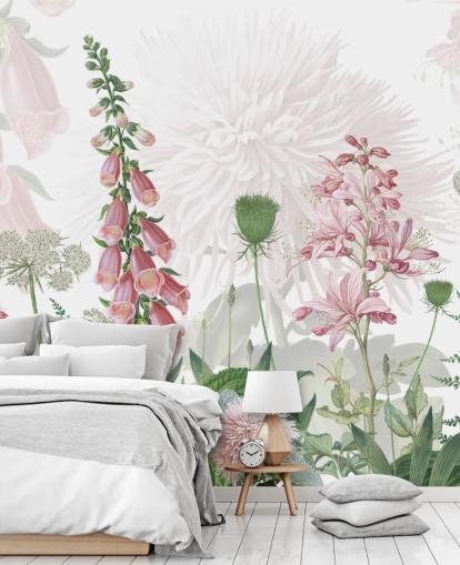 papel pintado ilustrado de dedaleras y verdor rosa papel pintado ilustrado de dedaleras y verdor rosa