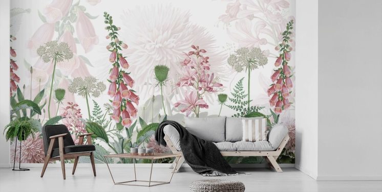 papier peint illustré de foxgloves roses et de verdure