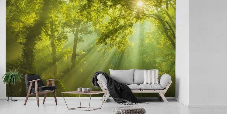 green custom forest wallpaper mural called The Forest of Heaven for living rooms