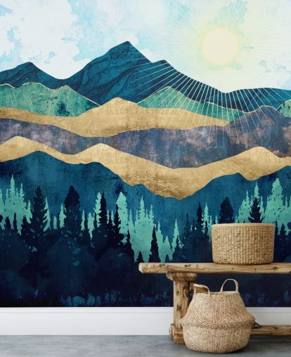 blue, green and gold layered abstract mountains wallpaper blue, green and gold layered abstract mountains wallpaper