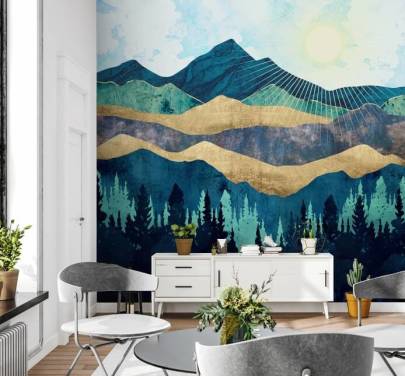 papier peint abstrait en couches bleu, vert et or