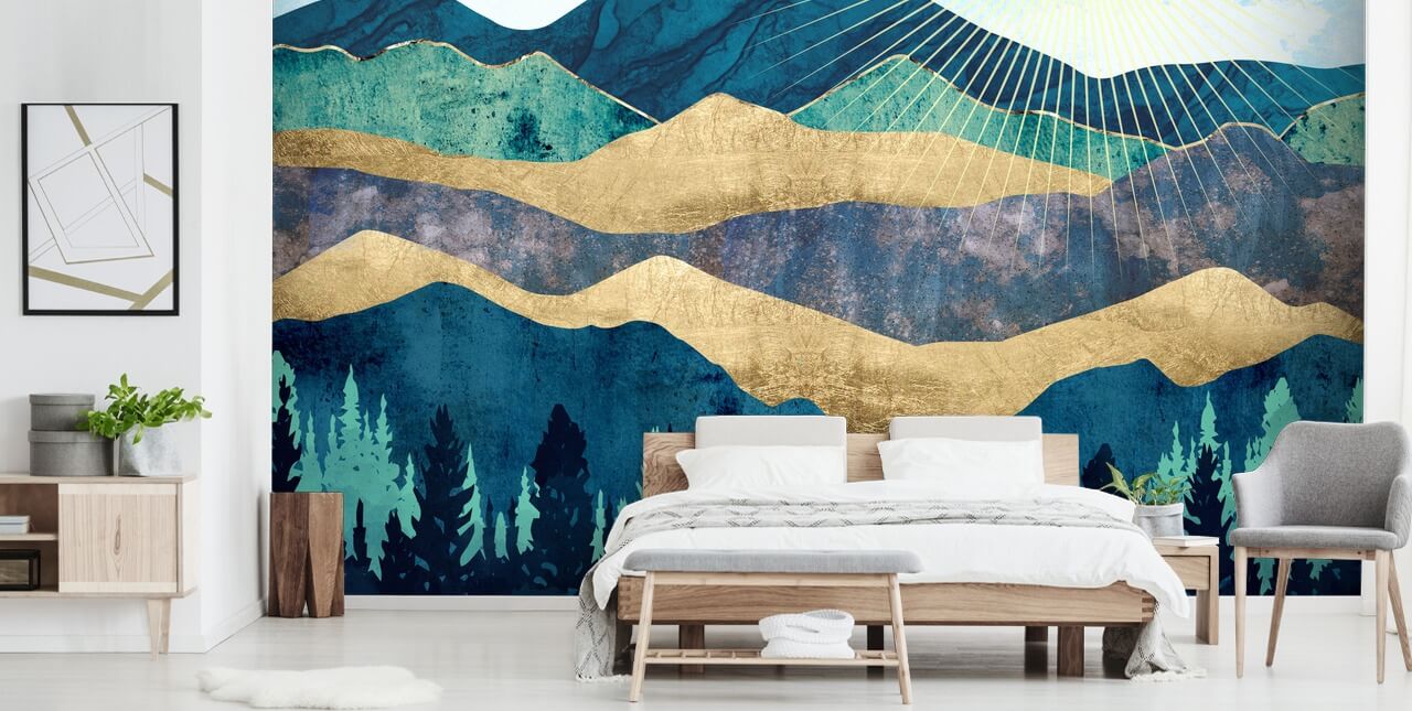 papier peint abstrait en couches bleu, vert et or