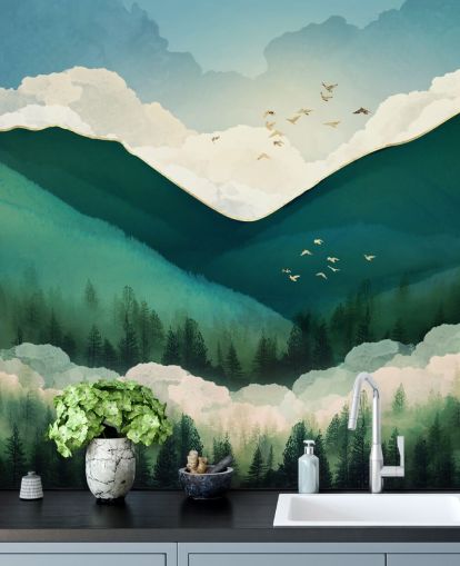 green, white and gold abstract landscape of misty mountains wallpaper green, white and gold abstract landscape of misty mountains wallpaper