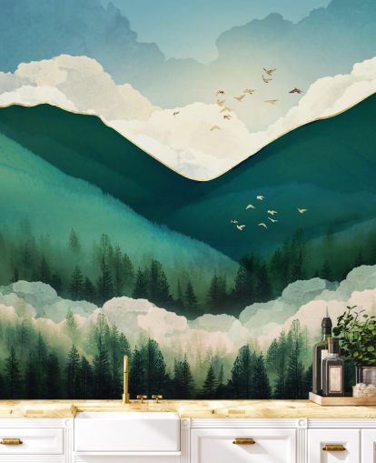 paisagem abstrata verde, branca e dourada de montanhas enevoadas papel de parede paisagem abstrata verde, branca e dourada de montanhas enevoadas papel de parede