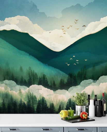 green, white and gold abstract landscape of misty mountains wallpaper green, white and gold abstract landscape of misty mountains wallpaper