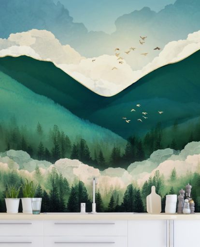 grönt, vitt och guld abstrakt landskap dimmiga berg tapeter grönt, vitt och guld abstrakt landskap dimmiga berg tapeter