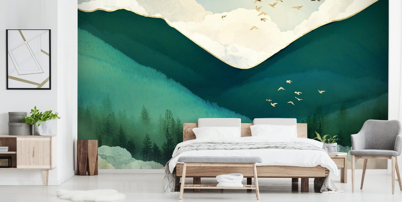green, white and gold abstract landscape of misty mountains wallpaper