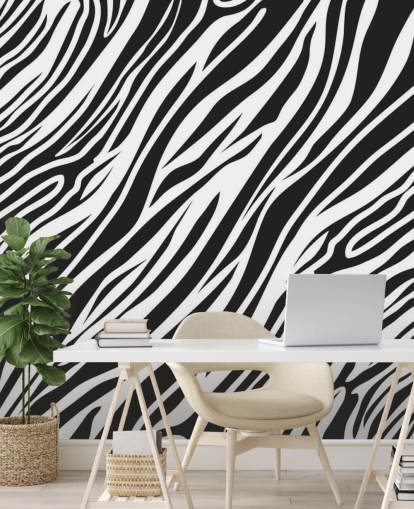 Zwart-witte muurschildering met zebraprint Zwart-witte muurschildering met zebraprint