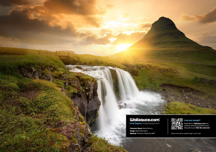 Icelandic Waterfall Sunset Wallpaper | Wallsauce US