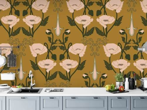 mosterdachtergrond met stoffig roze vintage bloemen behang