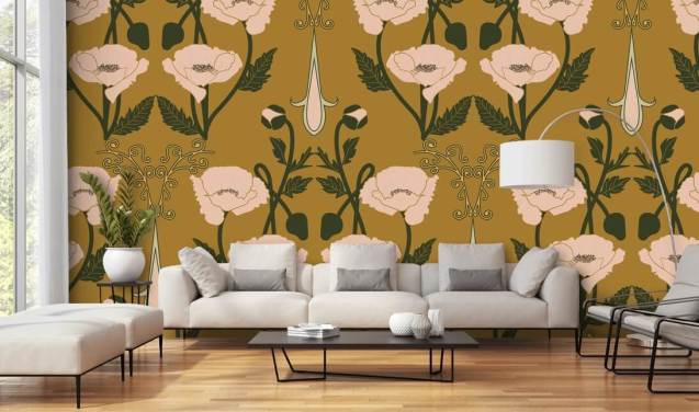 Senf-Hintergrund mit staubigen rosa Vintage-Blumen-Tapete