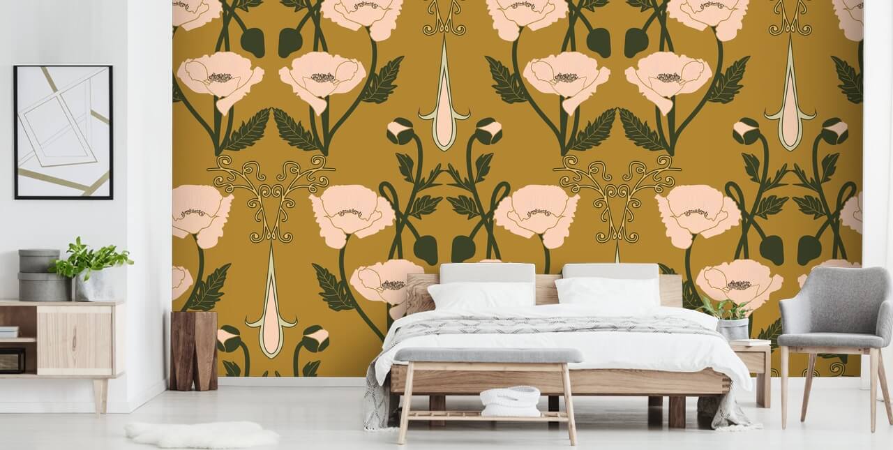 sennep baggrund med støvede lyserøde vintage blomster tapet
