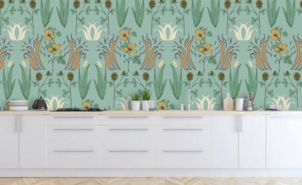 papel de parede floral vintage pistache, branco e laranja