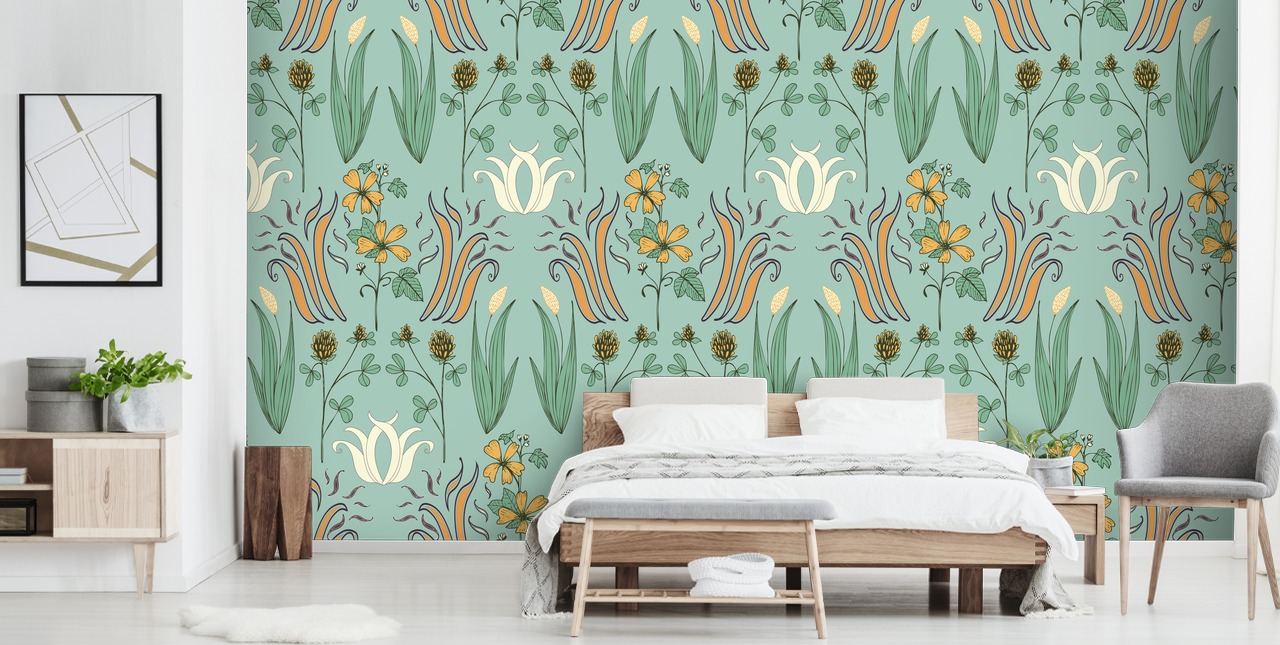 pistachio, white and orange vintage floral wallpaper