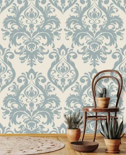 white and blue vintage wallpaper mural called Grand Damask for living rooms, bedrooms and hallways white and blue vintage wallpaper mural called Grand Damask for living rooms, bedrooms and hallways