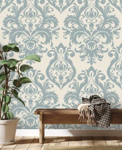 weiße und blaue Vintage-Tapete namens Grand Damask für Wohnzimmer, Schlafzimmer und Flure weiße und blaue Vintage-Tapete namens Grand Damask für Wohnzimmer, Schlafzimmer und Flure