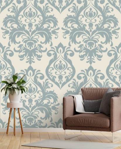 white and blue vintage wallpaper mural called Grand Damask for living rooms, bedrooms and hallways white and blue vintage wallpaper mural called Grand Damask for living rooms, bedrooms and hallways