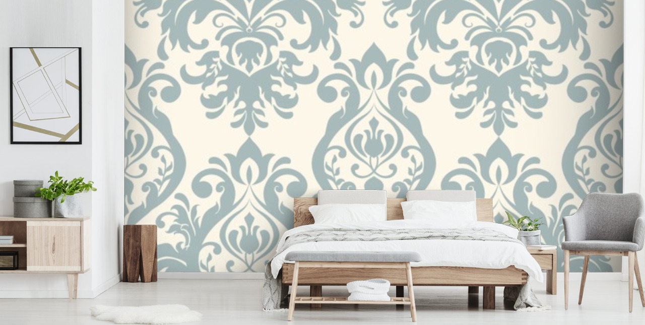 vit och blå vintage tapetväggmålning kallad Grand Damask för vardagsrum, sovrum och hallar