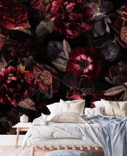 mural de papel pintado floral oscuro rosa y morado llamado Dark Bouquet de Uta Naumann para dormitorios y salas de estar mural de papel pintado floral oscuro rosa y morado llamado Dark Bouquet de Uta Naumann para dormitorios y salas de estar