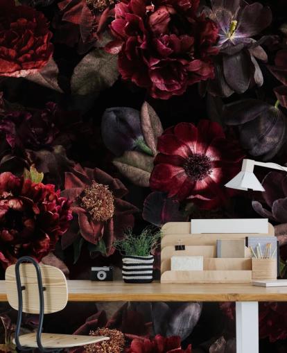 mural de papel de parede floral escuro rosa e roxo chamado Dark Bouquet de Uta Naumann para quartos e salas de estar mural de papel de parede floral escuro rosa e roxo chamado Dark Bouquet de Uta Naumann para quartos e salas de estar