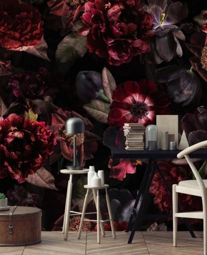 vaaleanpunainen ja violetti tumma kukka-taustakuvamaalaus nimeltä Dark Bouquet, kirjoittanut Uta Naumann makuuhuoneisiin ja olohuoneisiin vaaleanpunainen ja violetti tumma kukka-taustakuvamaalaus nimeltä Dark Bouquet, kirjoittanut Uta Naumann makuuhuoneisiin ja olohuoneisiin