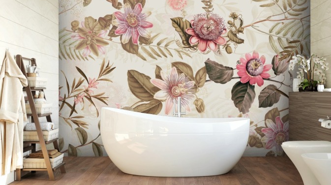 pink flowers and green leaves chinoiserie wallpaper