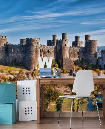 groene en grijze aanpasbare behangmuurschildering genaamd Conwy Castle voor woonkamers, slaapkamers en kantoren aan huis groene en grijze aanpasbare behangmuurschildering genaamd Conwy Castle voor woonkamers, slaapkamers en kantoren aan huis