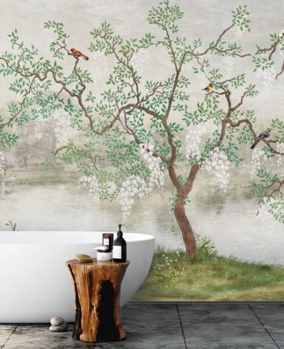 green vintage customisable garden wallpaper mural called Chinoiserie Garden for bedrooms green vintage customisable garden wallpaper mural called Chinoiserie Garden for bedrooms