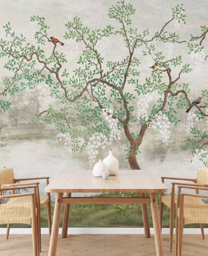 green vintage customisable garden wallpaper mural called Chinoiserie Garden for bedrooms green vintage customisable garden wallpaper mural called Chinoiserie Garden for bedrooms