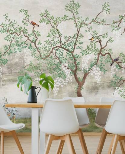 green vintage customisable garden wallpaper mural called Chinoiserie Garden for bedrooms green vintage customisable garden wallpaper mural called Chinoiserie Garden for bedrooms