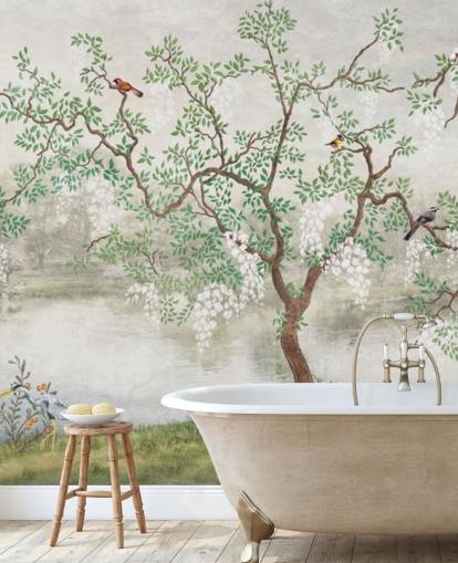 green vintage customisable garden wallpaper mural called Chinoiserie Garden for bedrooms green vintage customisable garden wallpaper mural called Chinoiserie Garden for bedrooms