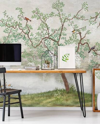 green vintage customizable garden wallpaper mural called Chinoiserie Garden for bedrooms green vintage customizable garden wallpaper mural called Chinoiserie Garden for bedrooms