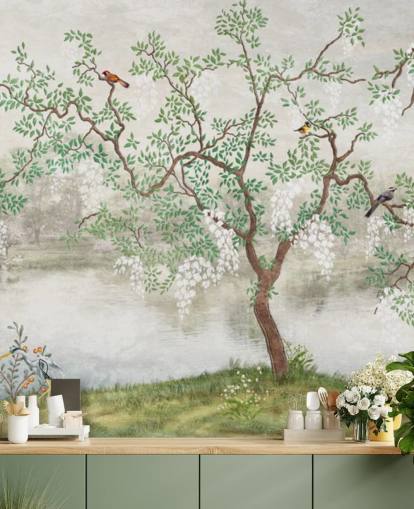 green vintage customisable garden wallpaper mural called Chinoiserie Garden for bedrooms green vintage customisable garden wallpaper mural called Chinoiserie Garden for bedrooms