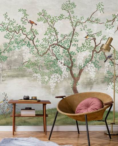 grøn vintage tilpasselig have tapet vægmaleri kaldet Chinoiserie Garden til soveværelser grøn vintage tilpasselig have tapet vægmaleri kaldet Chinoiserie Garden til soveværelser
