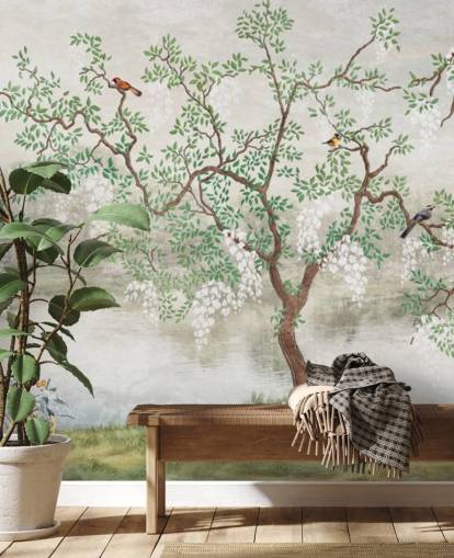 green vintage customisable garden wallpaper mural called Chinoiserie Garden for bedrooms green vintage customisable garden wallpaper mural called Chinoiserie Garden for bedrooms