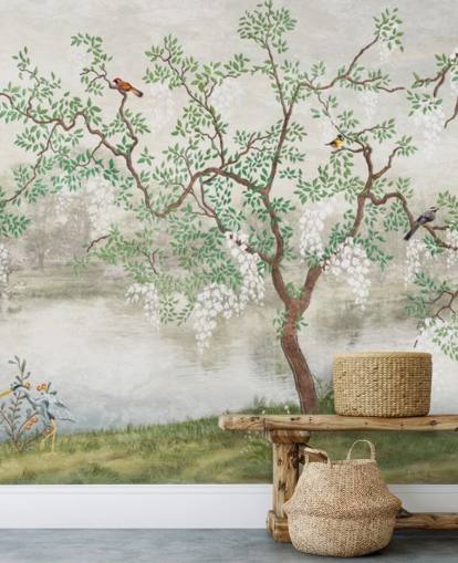 green vintage customisable garden wallpaper mural called Chinoiserie Garden for bedrooms green vintage customisable garden wallpaper mural called Chinoiserie Garden for bedrooms