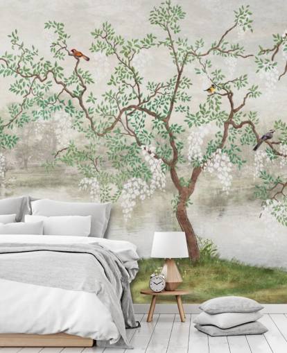 green vintage customisable garden wallpaper mural called Chinoiserie Garden for bedrooms green vintage customisable garden wallpaper mural called Chinoiserie Garden for bedrooms