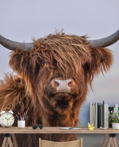 papier peint mural marron personnalisable en forme de vache appelé Highland Cow Close-Up papier peint mural marron personnalisable en forme de vache appelé Highland Cow Close-Up