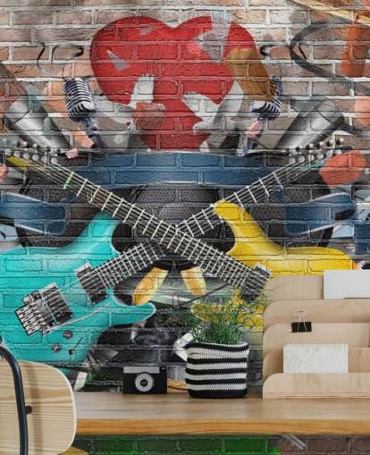 colourful customisable graffiti wallpaper mural called Graffiti - Guitar for teen's bedroom colourful customisable graffiti wallpaper mural called Graffiti - Guitar for teen's bedroom