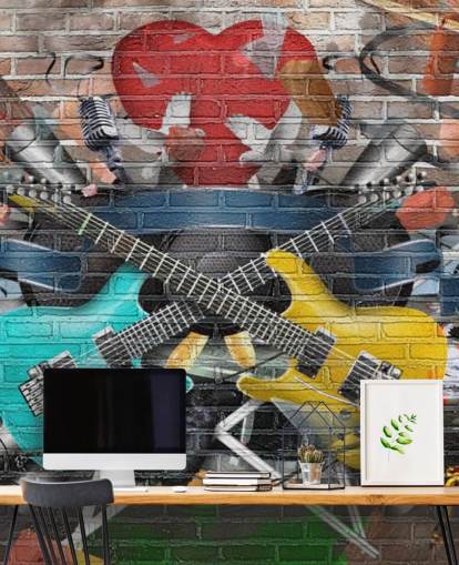 kleurrijke aanpasbare graffitibehangmuurschildering genaamd Graffiti - Gitaar voor tienerkamer kleurrijke aanpasbare graffitibehangmuurschildering genaamd Graffiti - Gitaar voor tienerkamer