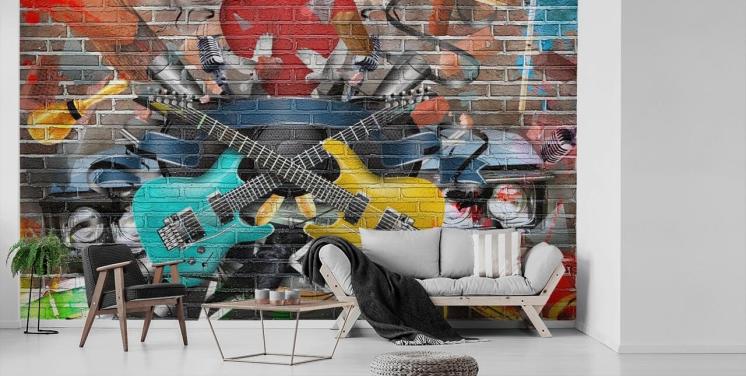 colourful customisable graffiti wallpaper mural called Graffiti - Guitar for teen's bedroom